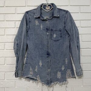 LALA Factory Distressed Denim Button Down Shirt Jacket Medium